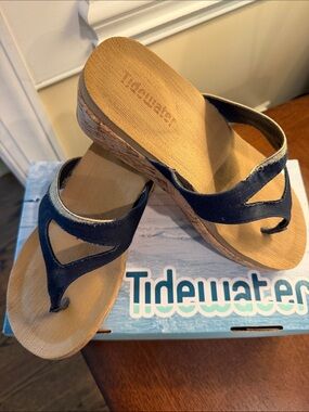 Tidewater Navy Suede Wedge Thong Sandals